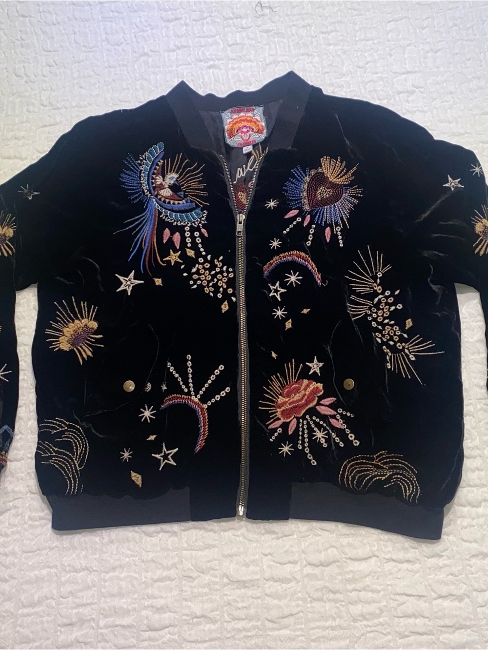 Johnny Was Embroidered Velvet Silk Blend Bomber Jacket M J45321 - Picture 2 of 8